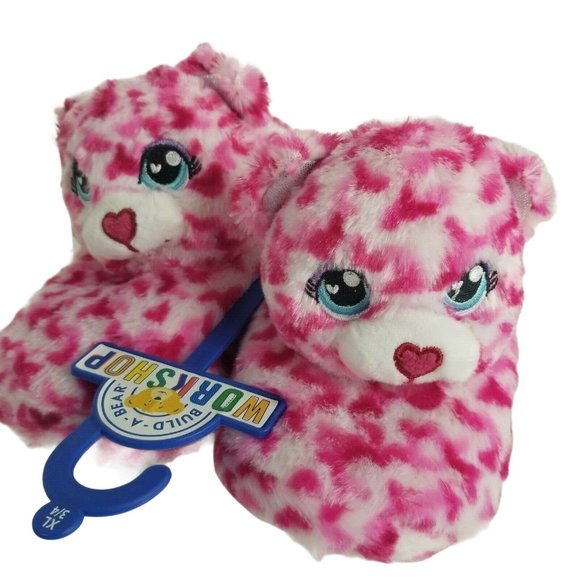 Build A Bear Workshop Kids Slippers Tiny Hearts Bea Plush Pink Sz XL 3/4 BAB New - Picture 1 of 12